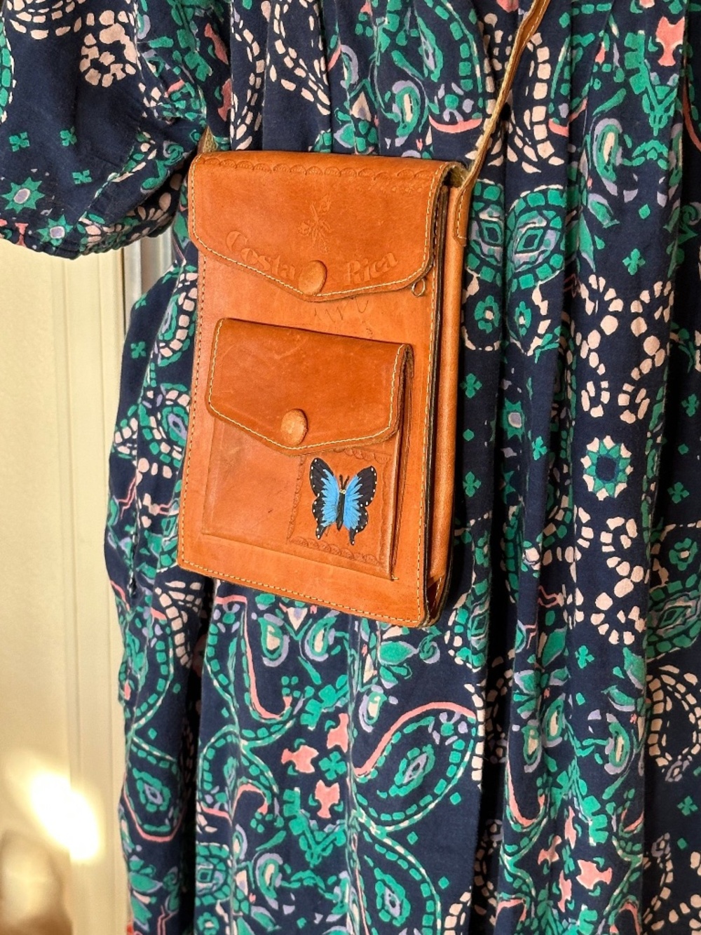 Vintage Leather Butterfly Embossed Crossbody Bag: Costa Rica Hippie Festival